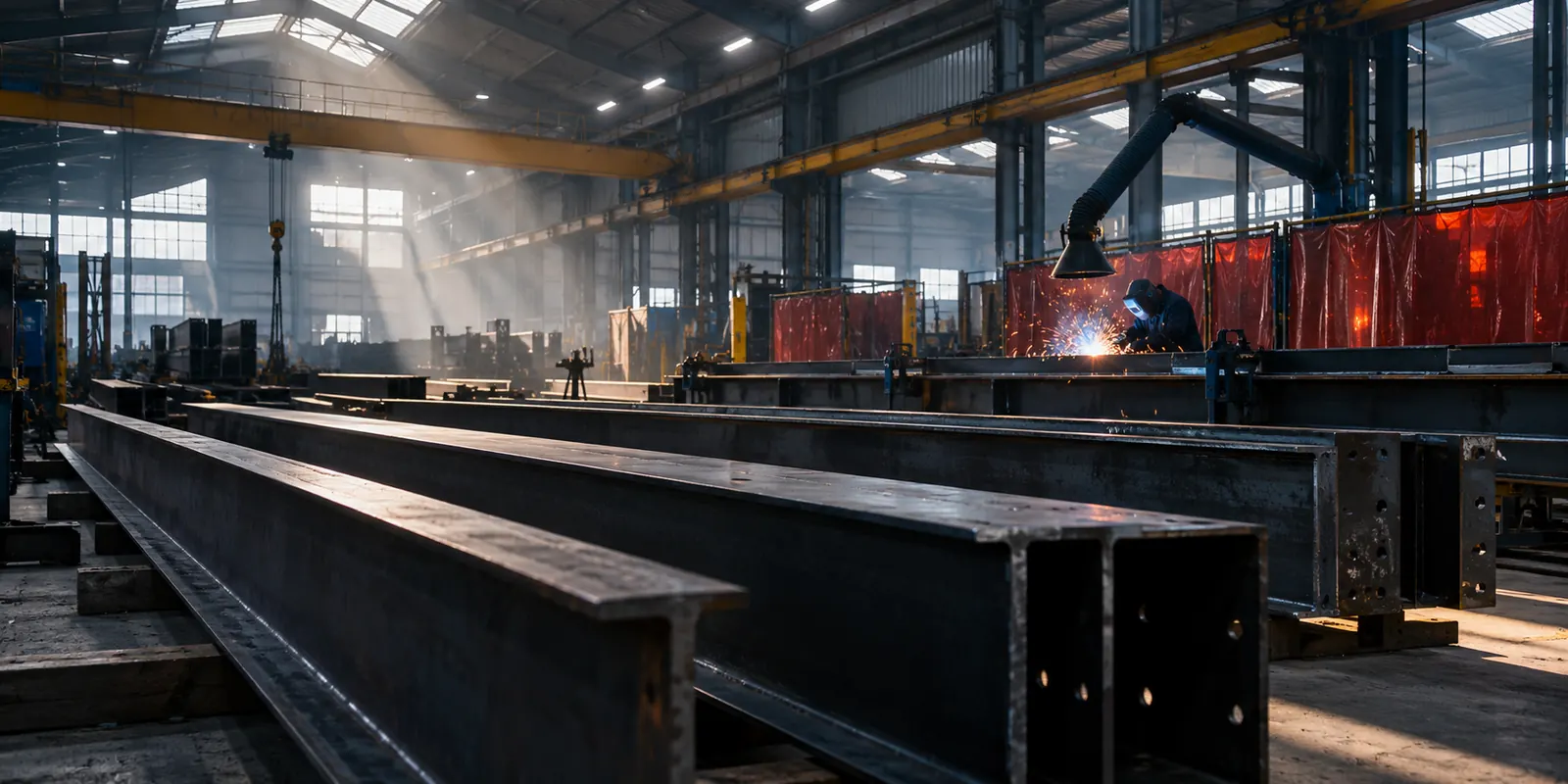 Steel beams inside a fabrication workshop with a screened welding area
